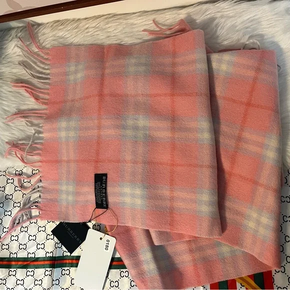 Burberry Pink Plaid cashmere Fringe Scarf - Picture 2 of 3